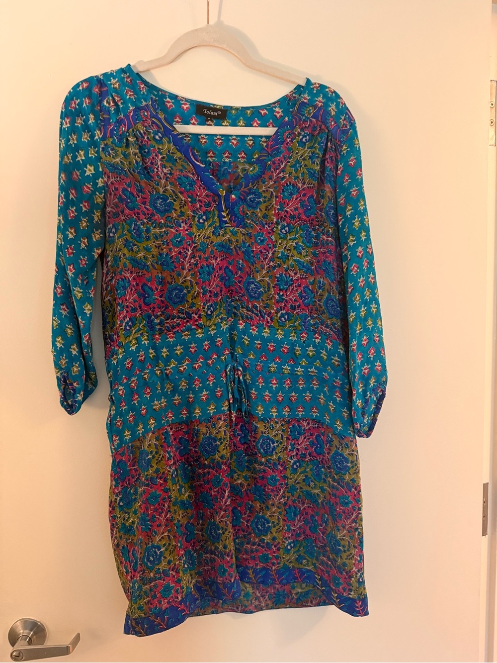 Tolani Teal Floral Patchwork Tunic mini dress